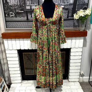 Raga Dress Floral Multicolor Green Pink Black Maxi Long Sleeve Small Bohemian